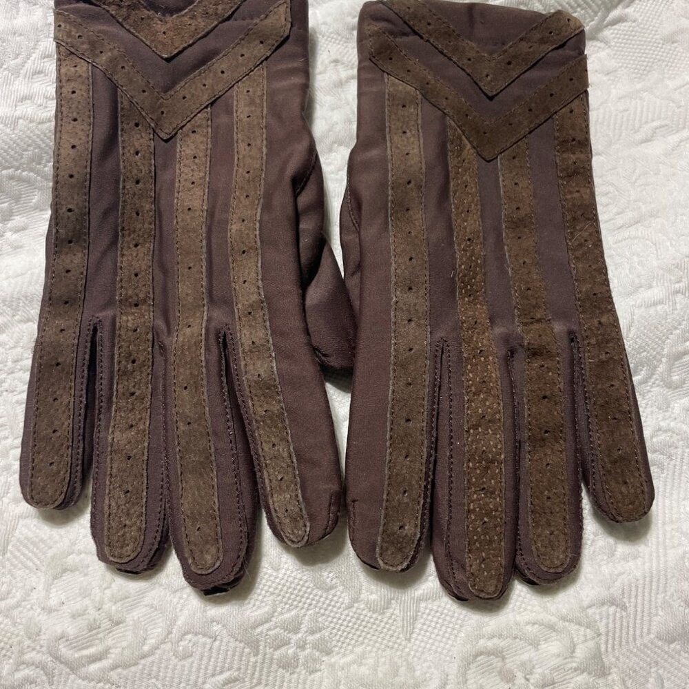 Womens Brown Faux Fur Lined Winter Gloves Suede Trim Textured Grip Striped Retro